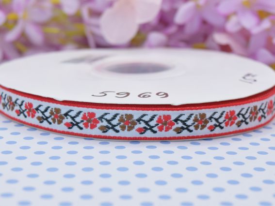 Гобеленовая Лента с орнаментом 13мм, Гвоздики красные на белом, 1 м.