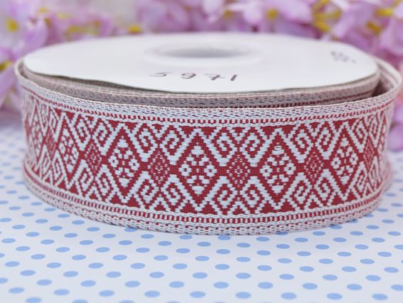Гобеленова стрічка з українським геометричним червоно-білим орнаментом , 40 мм , 1 м.