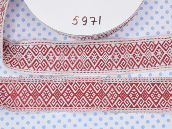 Гобеленова стрічка з українським геометричним червоно-білим орнаментом , 40 мм , 1 м.