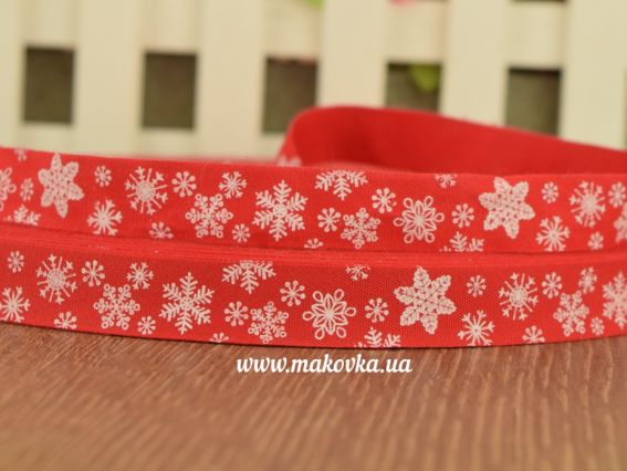 Лента тканевая хб, 15 мм,  красная с рисунком Снежинки, 1 метр Лента тканевая хб, 15 мм,  красная с рисунком Снежинки, 1 метр