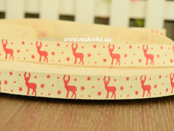 Лента тканевая хб, 15 мм, молочная с рисунком Олени, 1 метр Лента тканевая хб, 15 мм, молочная с рисунком Олени, 1 метр