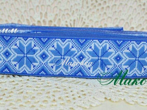 Тесьма 30 мм с украинским орнаментом, рис. №10 синяя, моток 5 метров Тесьма 30 мм с украинским орнаментом, рис. №10 синяя, моток 5 метров