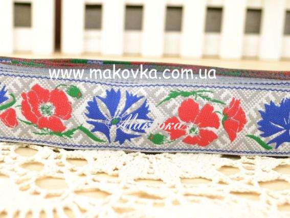 Тесьма 30 мм с украинским орнаментом, рис. №20 маки и волошки, моток 5 метров Тесьма 30 мм с украинским орнаментом, рис. №20 маки и волошки, моток 5 метров