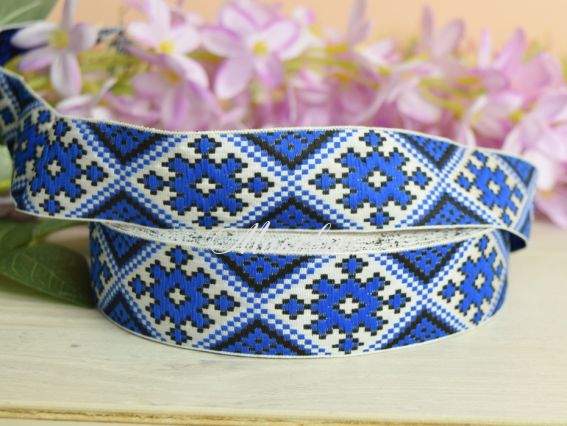 Тесьма гобеленова 30 мм з орнаментом, синя, 1 м. Тесьма гобеленова 30 мм з орнаментом, синя, 1 м.