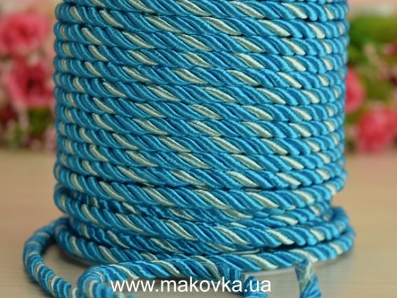 Шнур витой атласный, 5 мм , двухцветный бирюзово-голубой 1 м Шнур витой атласный, 5 мм , двухцветный бирюзово-голубой 1 м