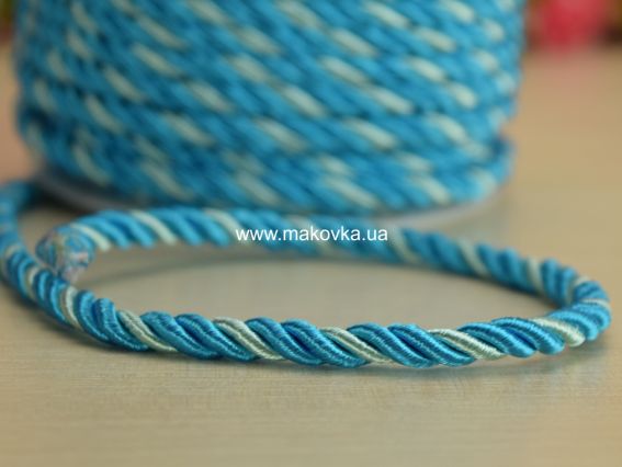 Атласний витий шнур, товщина 5 мм, двоколірний бірюзово-блакитний, 1 м