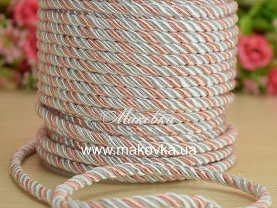 Шнур витой атласный, 5 мм , двухцветный бело-персиковый 1 м Шнур витой атласный, 5 мм , двухцветный бело-персиковый 1 м