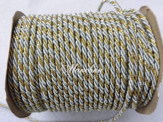 Шнур витой атласный, 3 мм , двухцветный светло-серый с золотом 1 м