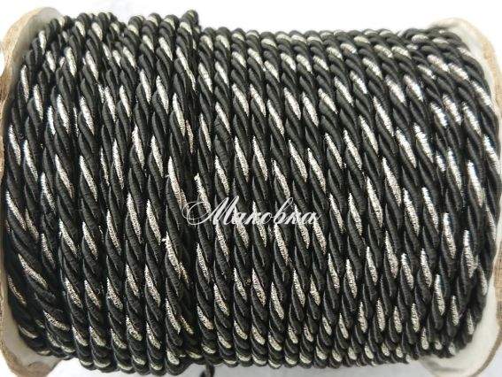 Шнур витой атласный, 3 мм , двухцветный черный с серебром 1 м