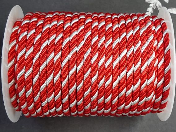 Шнур витой атласный, 5 мм , красный с серебром двухцветный, 1 м