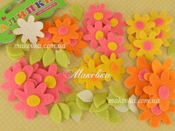 Наклейки Ромашки (оранж, розовые и желтые) и листики, из войлока, 60 шт 951599,  Ухтишко Наклейки Ромашки (оранж, розовые и желтые) и листики, из войлока, 60 шт 951599,  Ухтишко