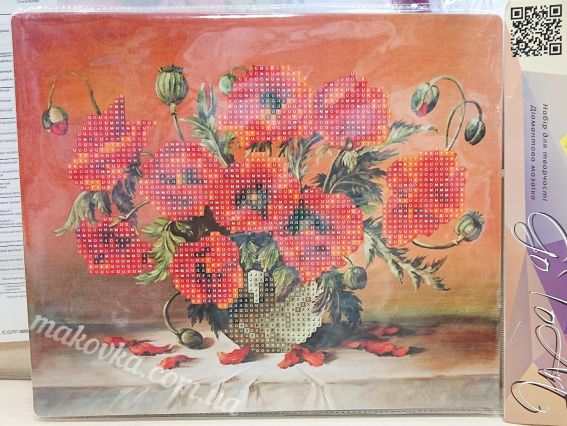 Картина стразами 5D , 177083, Букет маков Go to Art 21х25см Діамантові ручки, підставка JA21114