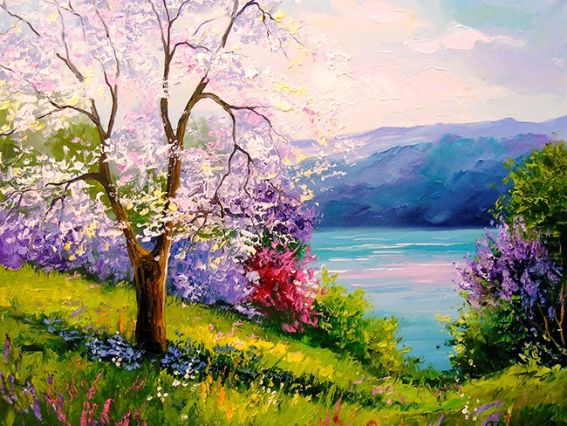 Картина стразами 177115 Цвітіння вишні на березі озера Худ. Дарчук О, набір Go to Art Діамантові ручки на підрамнику