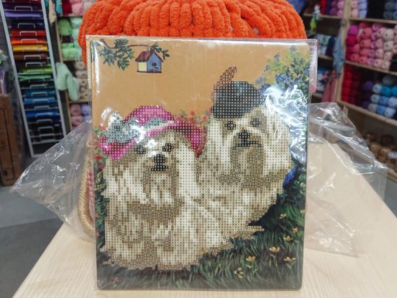 Картина стразами 5D 178399 Дві красуні (мальтійські болонки), 21х25см Go to Art, підставка 