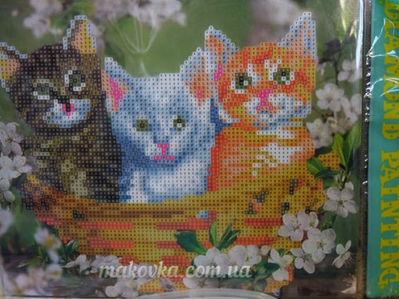 Картина стразами 5D 188659 Троє кошенят, Go to Art 21х25см Діамантові ручки, підставка JA21303