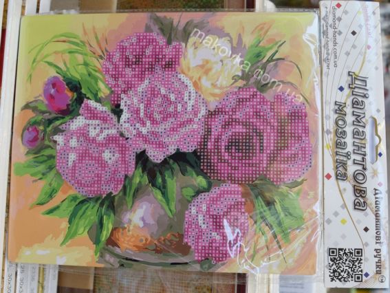 Картина стразами 5D 189053 Букет півоній 21х25см Діамантові ручки, підставка  JA21094