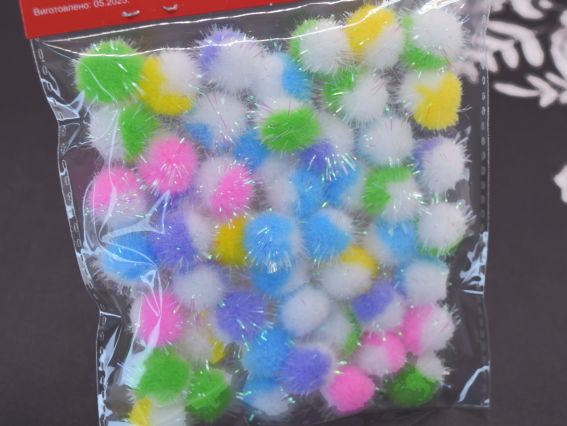 Кульки помпончики двокольорові з голографним люрексом , 955445 SANTI d-15мм, мікс кольорів 50шт./уп