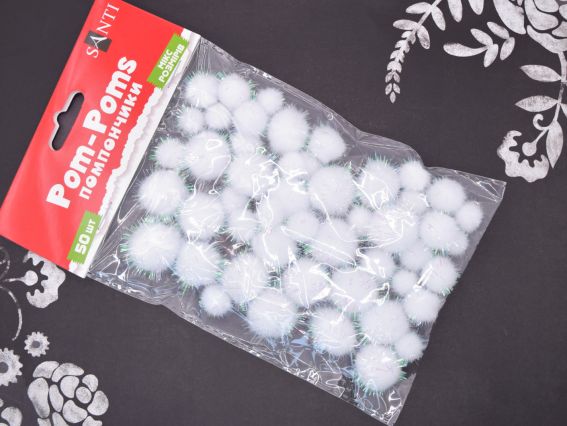Шарики помпон з голографним люрексом 955454 Білі 10мм, 12мм, 15мм, 18мм, 20мм, 50шт SANTI Шарики помпон з голографним люрексом 955454 Білі 10мм, 12мм, 15мм, 18мм, 20мм, 50шт SANTI