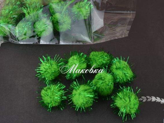 Шарики помпон З люрексом Зелені, 2,5 см,  Шарики помпон З люрексом Зелені, 2,5 см, 