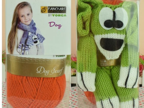 Набор для вязания Шарф Собачка зеленая с оранжевым Набор для вязания Шарф Собачка зеленая с оранжевым