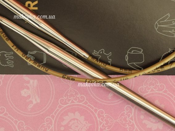 Кругові в'язальні спиці 105-7/6-100 супергладкі, біла бронза, на золотій волосіні, 100см, №6 мм ADDI