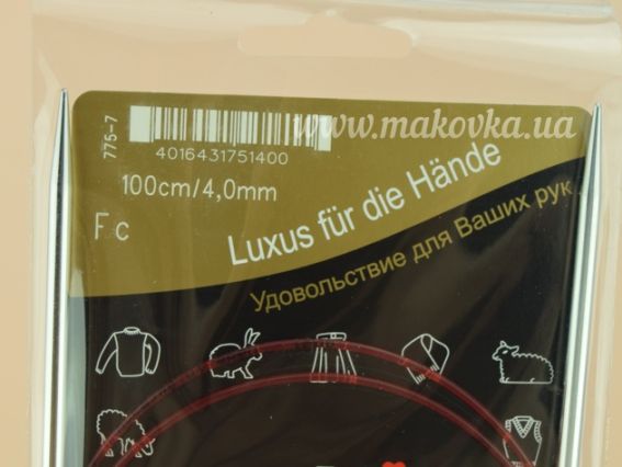 Фірмова упаковка кругових спиць ADDI Lace з маркуванням розміру 4 мм та довжини 100 см. На етикетці вказано штрих-код товару та логотип німецького виробника преміальних інструментів.