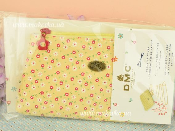 U1886 Yellow Набір аксесуарів для в'язання в жовтій сумочці з квітками DMC