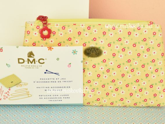 U1886 Yellow Набір аксесуарів для в'язання в жовтій сумочці з квітками DMC
