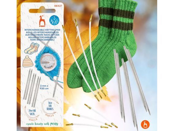 48427 Набір знімних спиць Pony 3мм , 3 пари та кабелі 11см та 5см