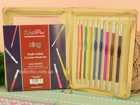 47480 Набор алюминиевых крючков для вязания Single Ended, Zing Crochet set KnitPro (№№ 2-6) в органайзере