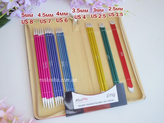 47402 Набор носочных чулочных спиц Socks Kit Zing KnitPro , длина 20см толщина 2,5мм, 3мм, 3,5мм, 4мм, 4,5мм, 5мм