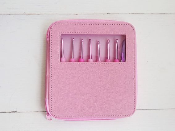 Набор алюминиевых крючков для вязания в розовом чехле, 8шт + обрезатель