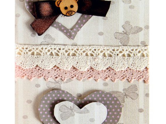Готовая открытка ручной работы А-5 Сердечки и мишка, беж, Лука-С