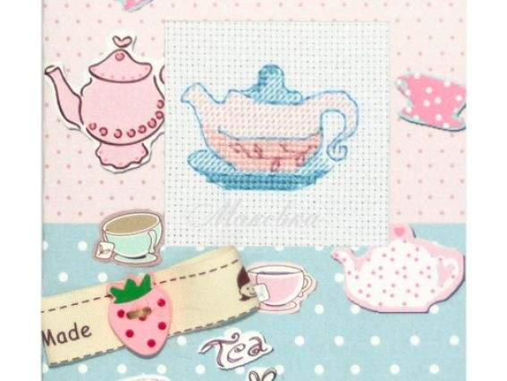 Набор для создания открытки (S) Р-10 вышивка Чайник, Tea Time, розово-голубой фон, Лука-С Набор для создания открытки (S) Р-10 вышивка Чайник, Tea Time, розово-голубой фон, Лука-С