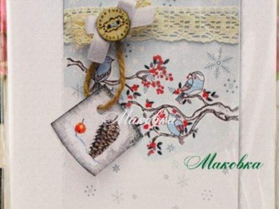 Набор для создания открытки (S) А-11 Зимняя, птички на ветке и шишка, Luca-S