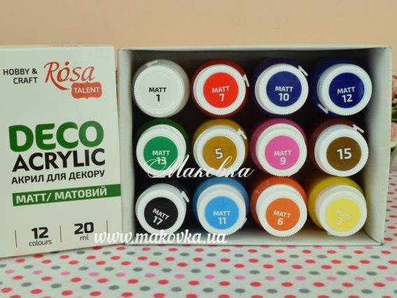 Набір акрилових фарб для декору 12 кольорів по 20мл, матові Rosa Talent Набір акрилових фарб для декору 12 кольорів по 20мл, матові Rosa Talent