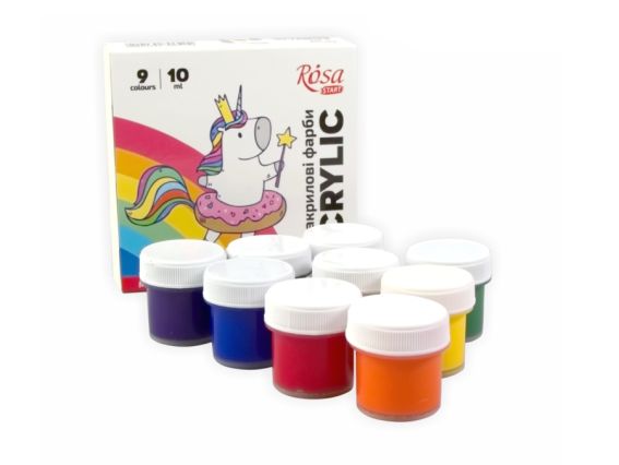 Набір акрилових фарб Unicorn 9 кольорів по 10мл, ROSA START 322111005