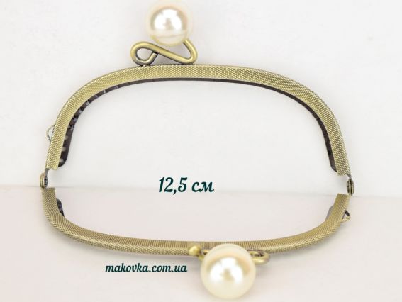 Фермуар  М-14 , замок-рамка металлическая 12,5см, бронза с узором, большие жемчужены на замке