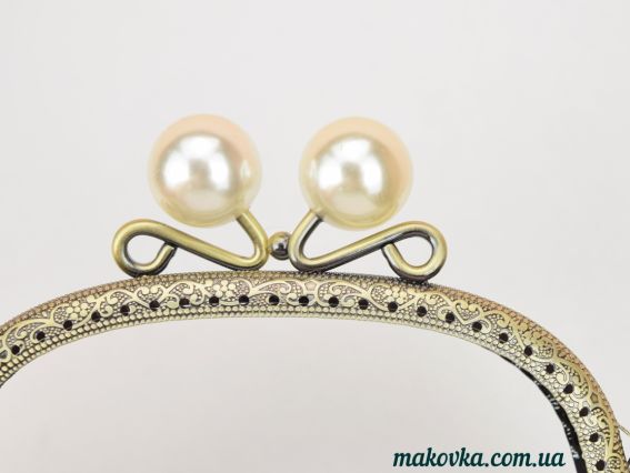 Фермуар  М-14 , замок-рамка металлическая 12,5см, бронза с узором, большие жемчужены на замке