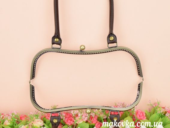 Фермуар , ручки для сумки М-15 замок-рамка металлическая 27см, бронза с узором, ручки из кожзама