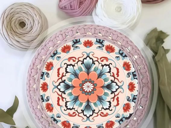 Денце, кришка для кошика з фанери, коло діаметр 20см з малюнком Квітка з орнаментом ДМ-001