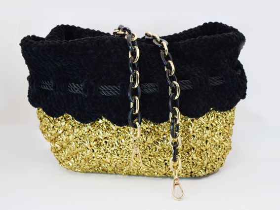 2206 Ручка-цепь, акрил+металл цвет Черный-Золотой, фурнитура золото, длина 60см