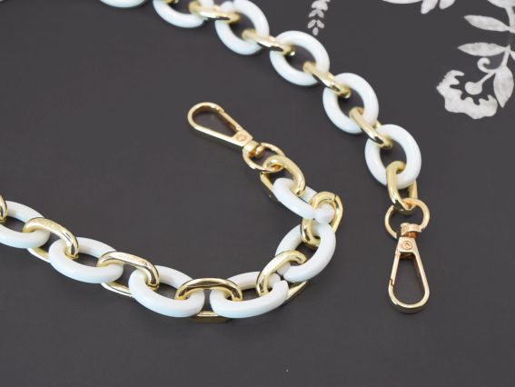 Ручка-ланцюг, акрил+метал колір Білий-Золотий, фурнітура золото, довжина 60см