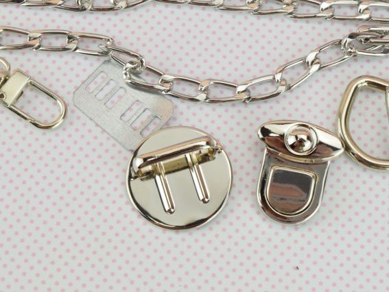 Набір металевої фурнітури для сумки, Платиновий (сталевий) колір, з ланцюжком та застібкою