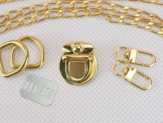Набір металевої фурнітури для сумки, Золотий колір, з ланцюжком та застібкою