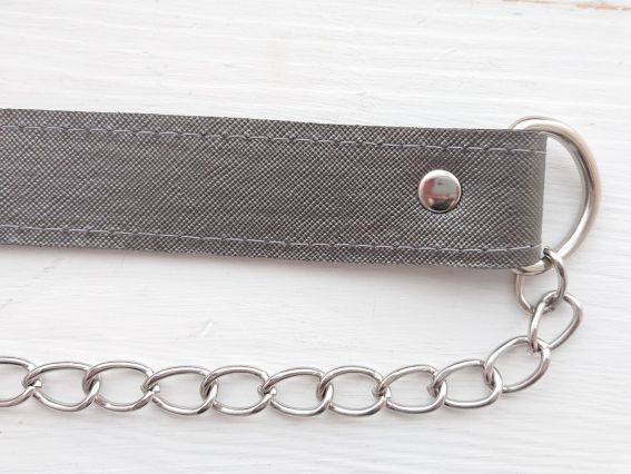 Ручка для сумки комбінована Еко шкіра з ланцюжками, Темно-сіра металік, з карабінами, 1 шт