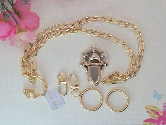 Набор металлической фурнитуры для сумки, Золотой цвет №2,, с цепочкой и застежкой