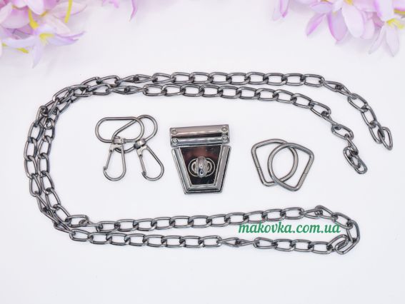 Набір металевої фурнітури для сумки, Чорний колір №2, з ланцюжком та застібкою