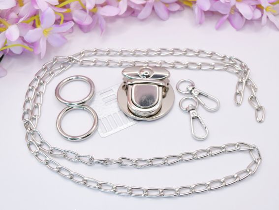 Набір металевої фурнітури для сумки, Платиновий (сталевий) колір №2, з ланцюжком та застібкою