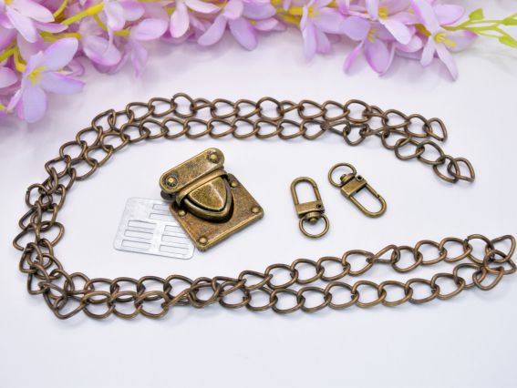 Набір металевої фурнітури для сумки, колір Антична Бронза , з ланцюжком та застібкою